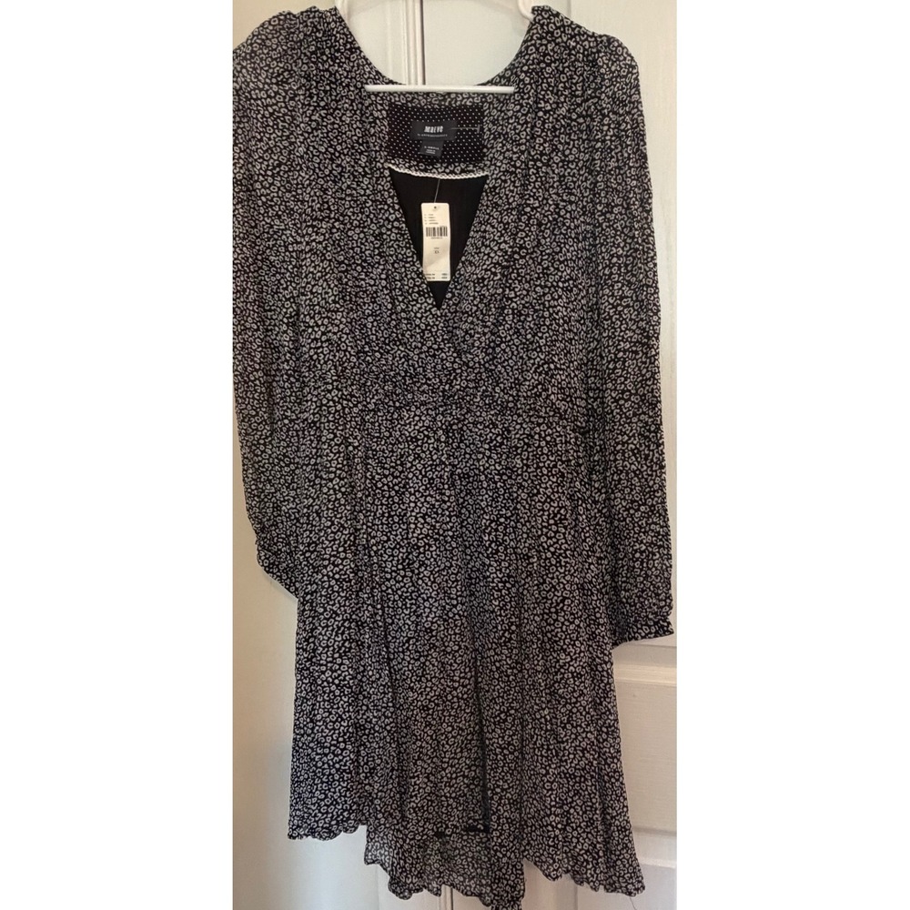 Maeve Anthropologie Leopard Print V-Neck Long Sleeve Mini Dress Black White XS - Picture 1 of 12